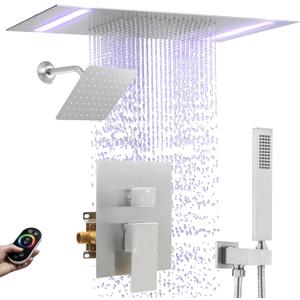 Rain Shower Head System with 14x20 Inch Ceiling Mount LED Head & 6 Inch Wall Head and Handheld Shower 3 Way Pressure Balance Valve Kit,Brushed Nickel