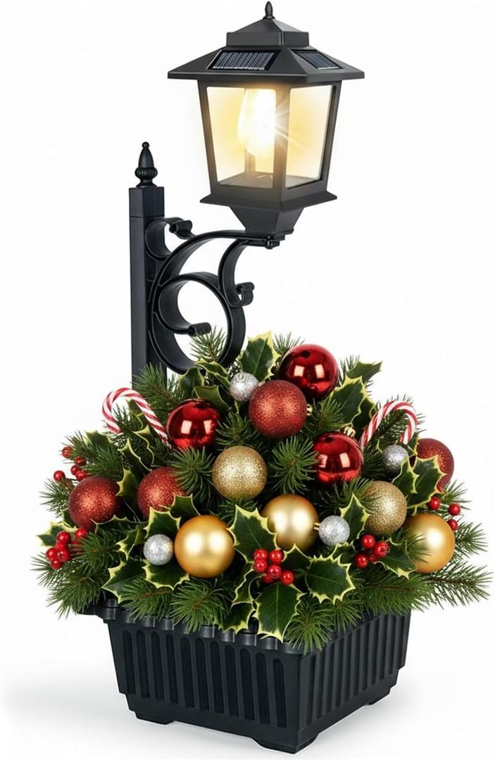 PASAMIC 2 in 1 Outdoor Flower Pots for Real or Fake Flowers, Solar Lamp Post Lights - Wall Mount or Freestanding, Waterproof Decorative Lamp for Lawn, Patio, Front/Back Door (Black)