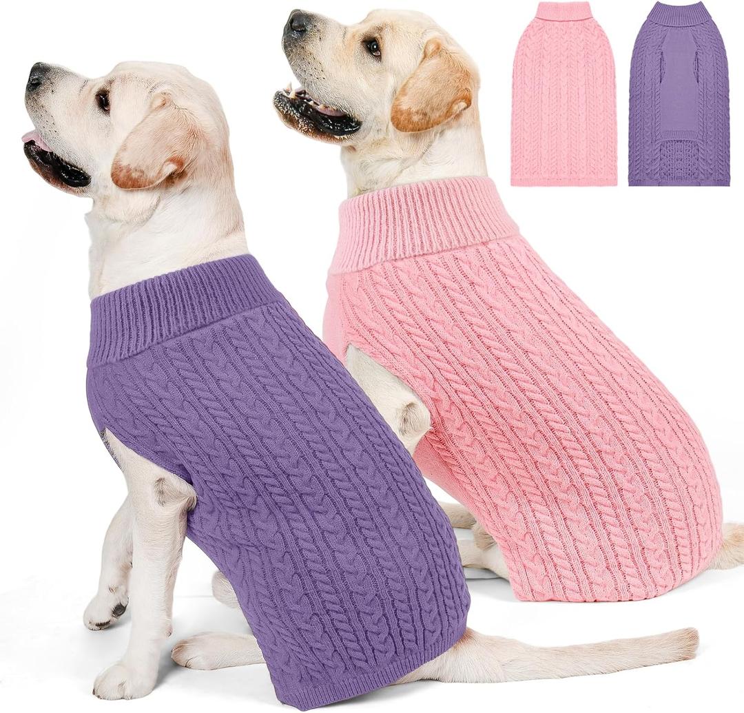 2 Pack Dog Sweaters for Big Dogs Turtleneck Pullover Cable Knit Size Stretch Clothes Pitbull Labrador Bulldog Doberman Boy Girl Pets Winter Clothes (XL, Pink & Purple)