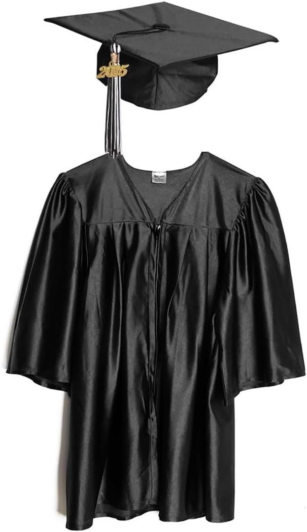 Happy Graduates Medium Black Shiny Child Graduation Cap, Gown, Tassel and 2025 Charm Set, Kindergarten Graduation Cap And Gown Set, For Kids And Preschool Size 3'6- 3'8" (M, Black)