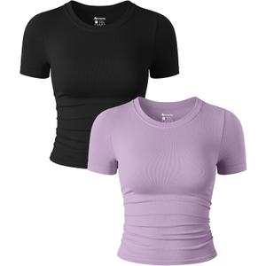OQQ Womens 2 Piece Shirts Short Sleeve Crew Neck Ruched Stretch Fitted Tee Shirts Crop Tops (Medium, Black,taro Purple)