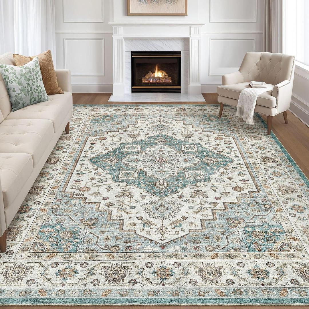 LOONGRUG 8x10 Area Rugs Washable Vintage Boho Living Room Rug Teal Brown