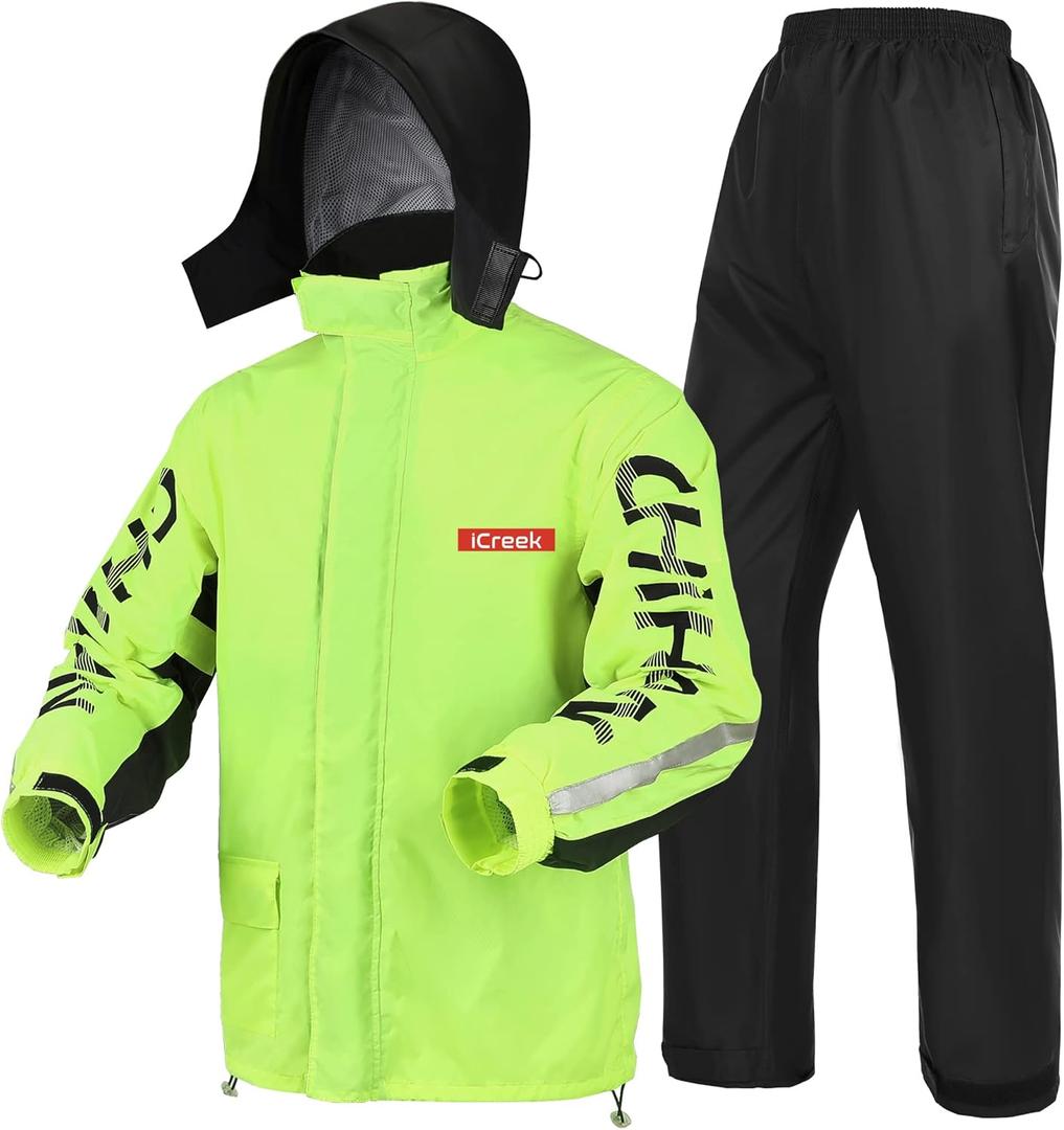 iCreek Motorcycle Rain Suit for Men and Women Waterproof Rain Gear Resistant Raincoat Outdoor Fashion with Hood (Medium, Green and Black)