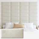 IFNOW Wall Mounted Headboard, Upholstered Leather Headboard Queen/ King Size, Peel and Stick headboard, 3D Soundproof Wall Panels, 12 Packs Panels Size 9.84" x 23.62", Ivory White
