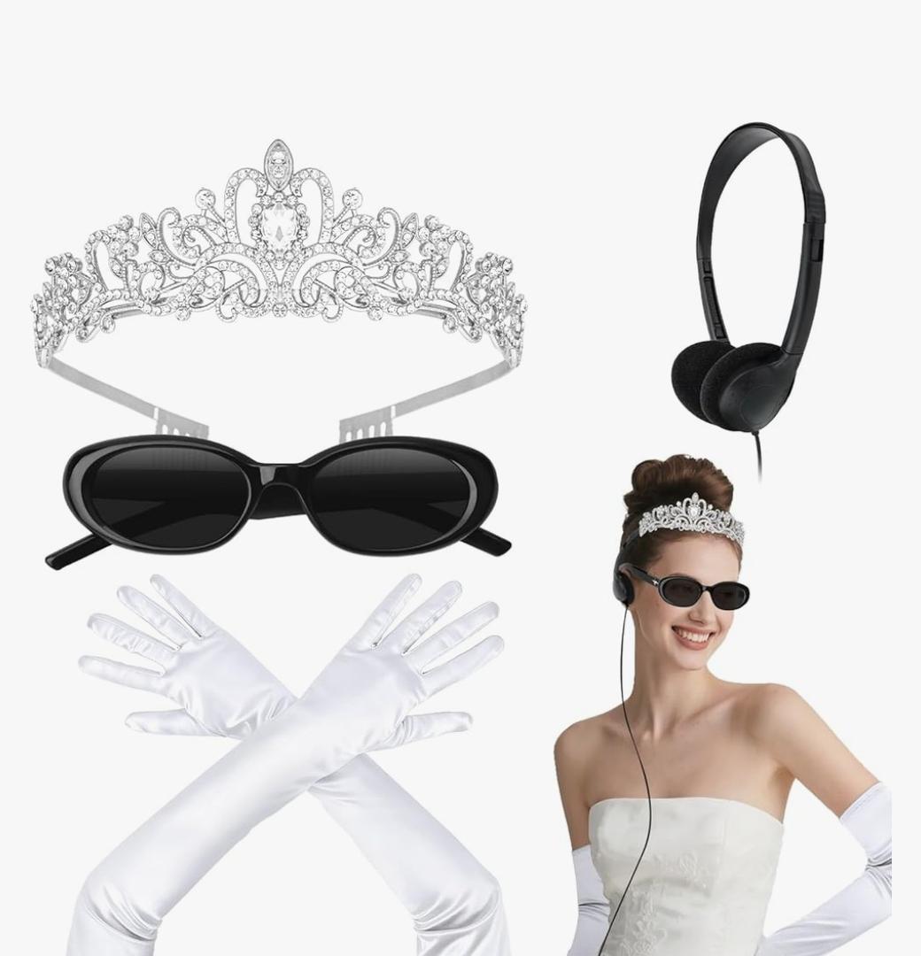 Semato Princess Costume Accessories for Women Princess Bachelorette Party Crown with White Long Gloves and Sunglasses Set Size M