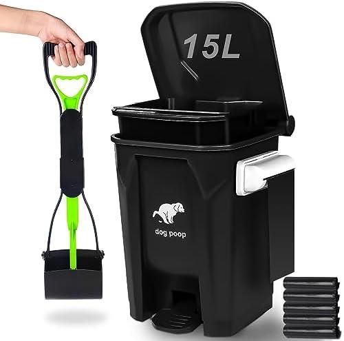 Uppcasir Dog Poop Trash Can Outside with Foldable Pooper Scooper, 15L/4Gallon Dog Waste Trash Can with Lid and 100 Bags, Pedal and Removable Inner Waste Bin, Black