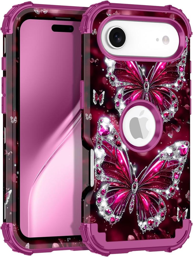 LONTECT for iPhone Air Case 3 in 1 Shockproof Heavy Duty Rugged Hard PC+Soft Silicone Full Body Protective Cover Girls Women Case for Apple iPhone 17 Air 2025, Glow in The Dark Fuchsia Red