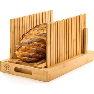 Bread Slicer for Homemade Bread - Bambsi Upgraded Adjustable Bamboo Bread Cutter Board, Foldable Slicing Guide with Crumb Tray for Sourdough, Artisan Loaves, Bagels, Cakes, Bakery Kitchen Gadget Gift