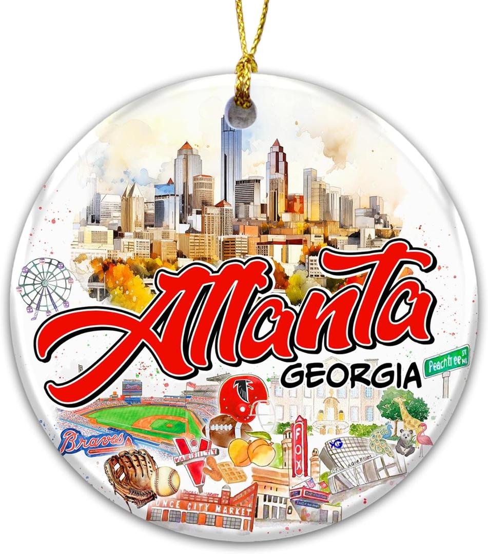 2 x Atlanta Georgia Christmas Ornament 2025 City Skyline Souvenir Ornament with Famous Landmarks, Peachtree Street & Sports Icons Holiday Tree Decoration Gift for Travelers, Locals & Collectors