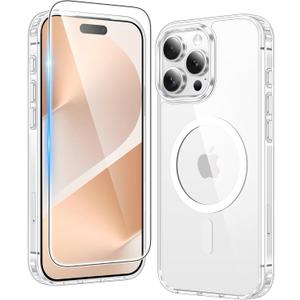 FNTCASE for iPhone 15 Pro Case: Clear Magnetic Phone Cases with Screen Protector Compatible with Magsafe Slim Anti Yellowing Rugged Shockproof Protective Transparent Cell Phone Cover (A-Clear)