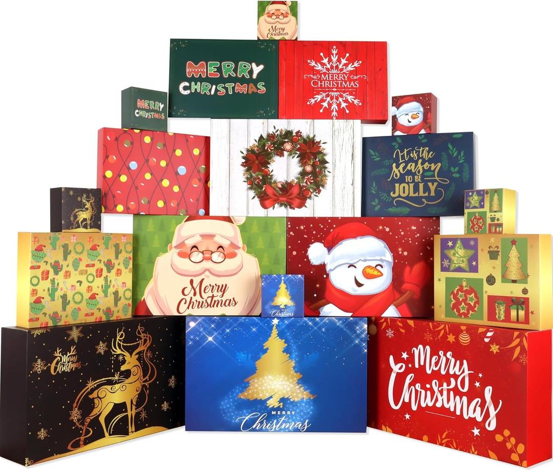 Giiffu 18 Christmas Cardboard Gift Boxes with Lids, 12 Designs and 4 Sizes with Gift Stickers, Assorted Size Xmas Decorative Gift Boxes for Wrapping Robes, Sweater, Shirt, Clothes, Holiday Present (White Cardboard Printing)