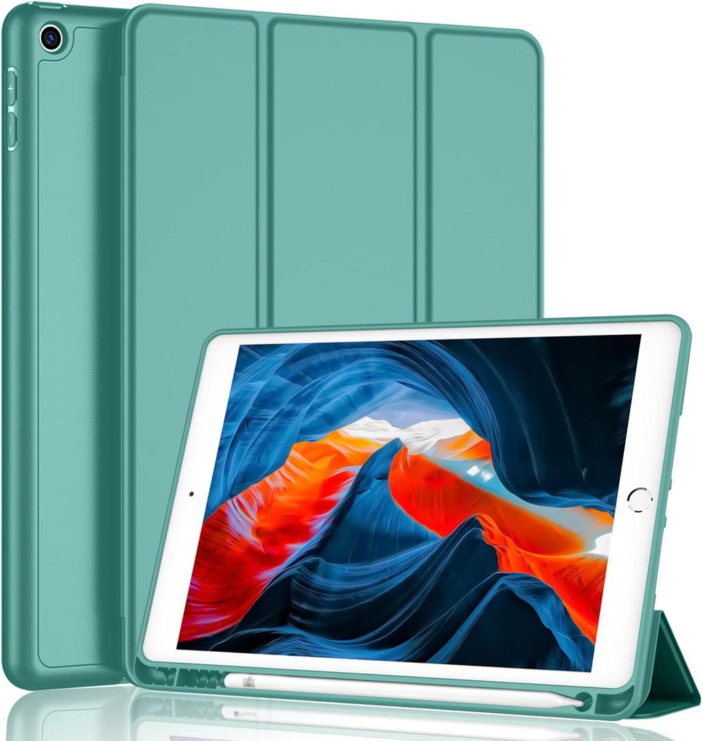 iMieet iPad 9th Generation Case 2021/iPad 8th Generation Case 2020 10.2 Inch with Pencil Holder, iPad 7th Gen 2019 Case with Soft Baby Skin Silicone Back, Auto Wake/Sleep Cover (Forest Green)