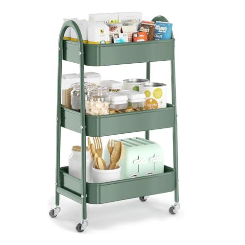 EAGMAK 3 Tier Utility Rolling Cart, Metal Storage Cart with Handle and Lockable Wheels, Multifunctional Storage Organizer Trolley with Mesh Baskets for Kitchen, Living Room, Office, Garage (Jungle)