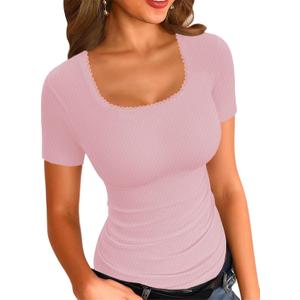 LOLONG Womens Short Sleeve Ribbed T Shirts Summer Casual Square Neck Lace Patchwork Tops (Pink)