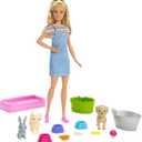 Barbie Play 'n Wash Pets Playset with 3 Color-Change Animals & 10 Toy Accessories, Blonde Fashion Doll with Blue Eyes