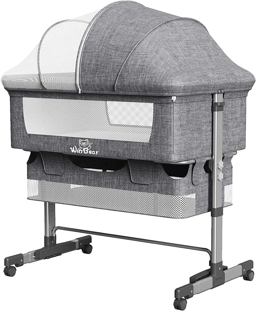 Portable Baby Bassinet with Adjustable Height, Breathable Mesh, Removable Canopy, Compact Design for Nursery and Travel, ASTM Certified, Newborn to Toddler (Light Grey)