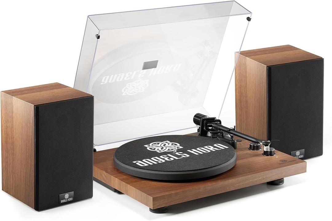 ANGELS HORN Vinyl Record Player, Hi-Fi System Bluetooth Turntable Players with Stereo Bookshelf Speakers, Built-in Phono Preamp, Belt Drive 2-Speed, Adjustable Counterweight, AT-3600L (Wood)