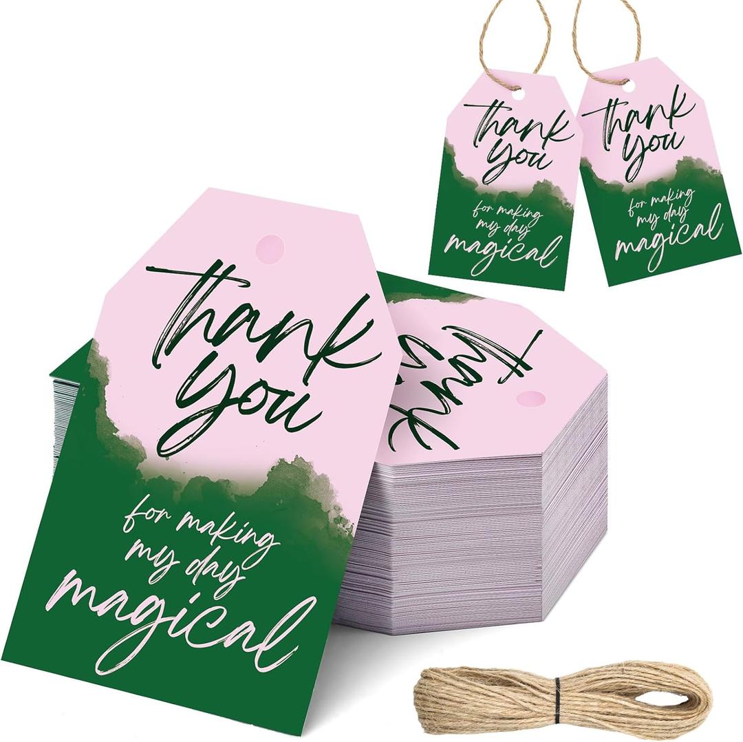 2 x Honoson 100 Pcs Witch Themed Thank You Tags Pink and Green Magical Tags Witch Party Favors Thank You for Making My Day Goodie Gift Bags with Strings for Girls Women