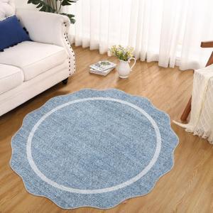GarveeHome Scalloped Washable Round Rugs, Non-Slip Soft Round Rug 4ft Ultra-Thin, Small Boho Circle Stain Resistant Low Pile Carpet for Entryway Kitchen Bedroom Nursery Bathroom, Blue