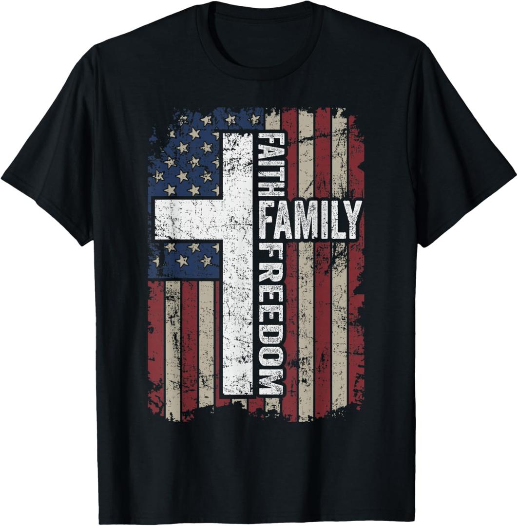 Faith Family Freedom - Patriotic Christian Vintage USA Flag T-Shirt, S