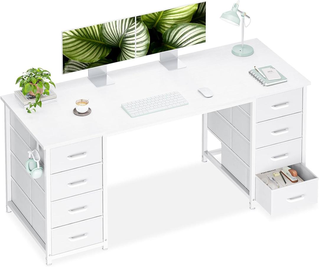 Casaottima 55 Inches Computer Desk with 8 Fabric Drawers, Modern Office Desk with Large Storage for Home Office, Study, White
