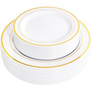 FLOWERCAT 60PCS Gold Plastic Plates - Heavy Duty White and Gold Plastic Plates Disposable for New Year Party/Wedding - Include 30PCS 10.25" Dinner Plates and 30PCS 7.5" Dessert Plates