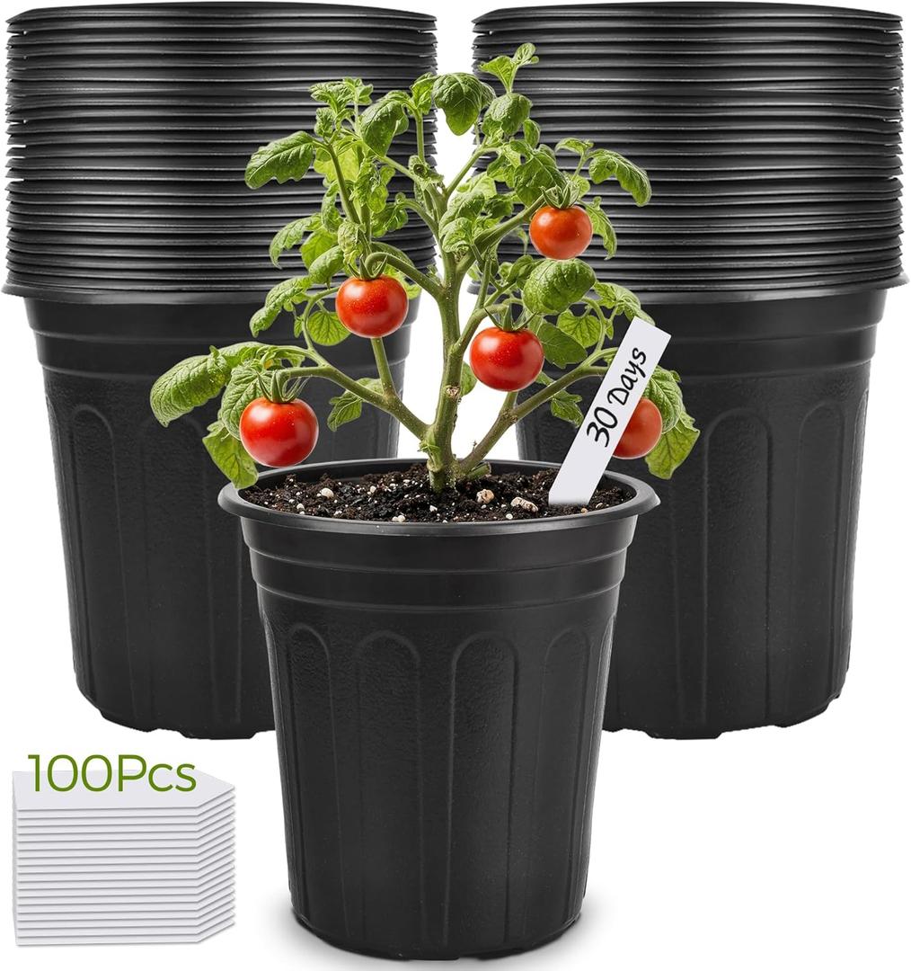 GroTheory 100 Pack 1 Gallon Nursery Pots, 6.7 Inch Plastic Pots for Plants, Plastic Flower Pots, Plant Pot, Seedling Pots for Potting, Seed, Succulent, Planting Pots with Plant Labels