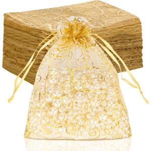 Staruby Organza Gift Bags 100Pcs Gold Sheer Organza Bag 5x7 Inch Mesh Favor Bags Drawstring Jewelry Rattan Printed Gift Pouches for Wedding Party Favors Couple Shower Christmas Gifts Candy Bags
