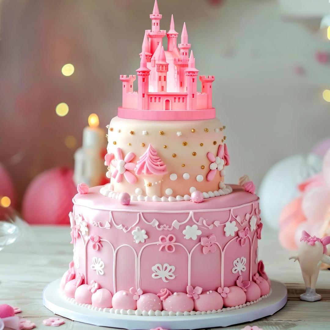 Baquler Castle Cake Topper Figurine Wedding Cake Topper Birthday Castle Night Light USB Rechargeable Princess Night Light for Wedding Birthday Party Decor(Pink)