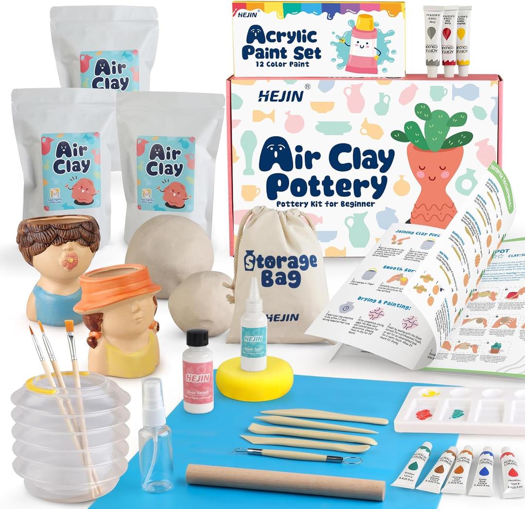 Air Dry Clay Kit for Adults, 3.3Lbs + 30PCS Pottery Craft Kit for Beginners, Sculpting Tools Set & Step-by-Step Guide, 12 Paints, Paintbrush, Varnish, and more - Crafts for Adults for Birthdays Gift