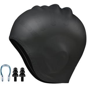 Unisex Silicone Swim Cap with 3D Ear Protection, Waterproof & Comfortable for All Water Sports, Keeps Hair Dry, Includes Ear Plugs and Nose Clip