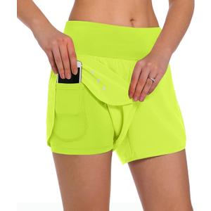 Ksmien Women's 2 in 1 Running Shorts - Lightweight Athletic Workout Gym Yoga Shorts Liner with Phone Pockets, Large, Fluores Yellow