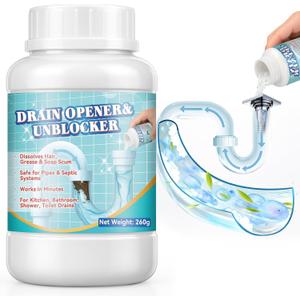 Drain Clog Remover, Hair Drains Clog Remover, Crystal Lye Drain Opener Unclog Bathroom and Kitchen Sinks, Drains, Shower Pipes, Removes Hair, Soap Scum, Blockages, 260g