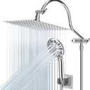 Hibbent All Metal Shower Head, 10'' High Pressure Rainfall Shower Head/Handheld Showerhead Combo with 12'' Adjustable Curved Shower Extension Arm, 7 Sprays, 71'' Shower Hose, Showerhead Holder, Chrome