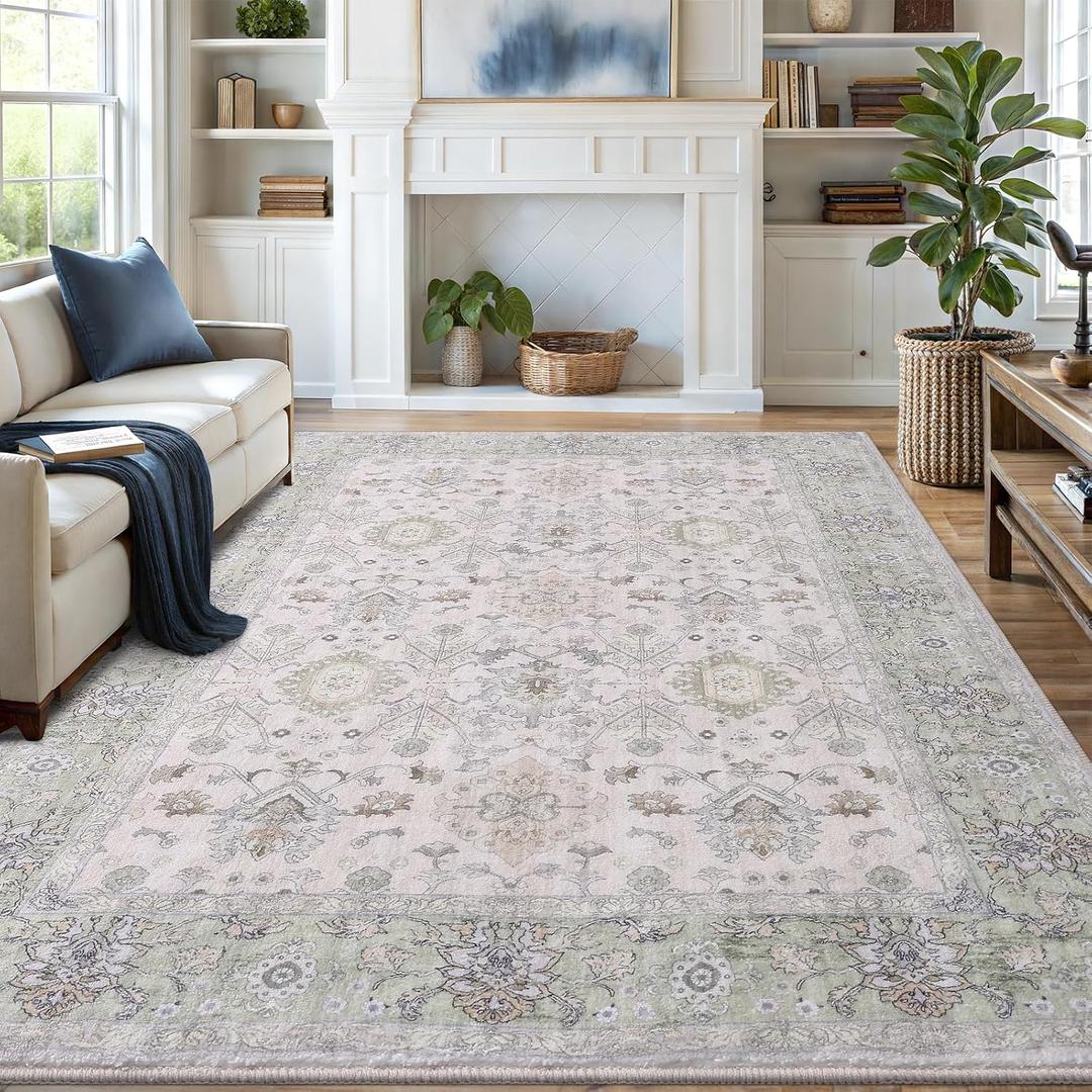 8x10 Area Rugs for Living Room, Bedroom - Machine Washable, Non-Slip Bedside Rug, Large Soft Floor Carpet for Office, Dining Room, Farmhouse and Home Decor, Cozy Elegance/Green