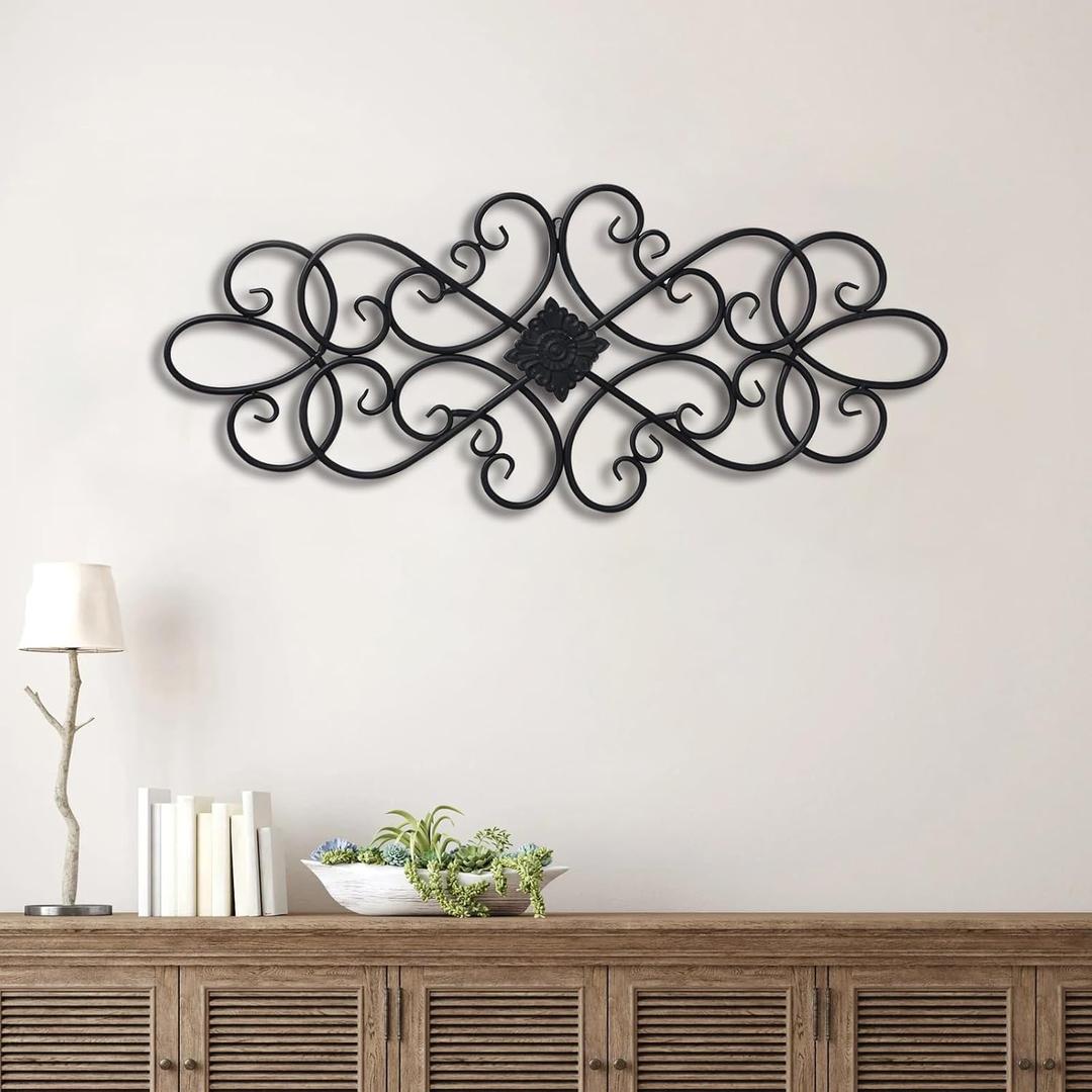 Sintosin Black Wrought Iron Wall Decor 32" x 13", Hanging Flower Scroll Metal Wall Art Decor, Living Room Wall Decor, Vintage House Decorations for Indoor Outdoor Fireplace Bedroom