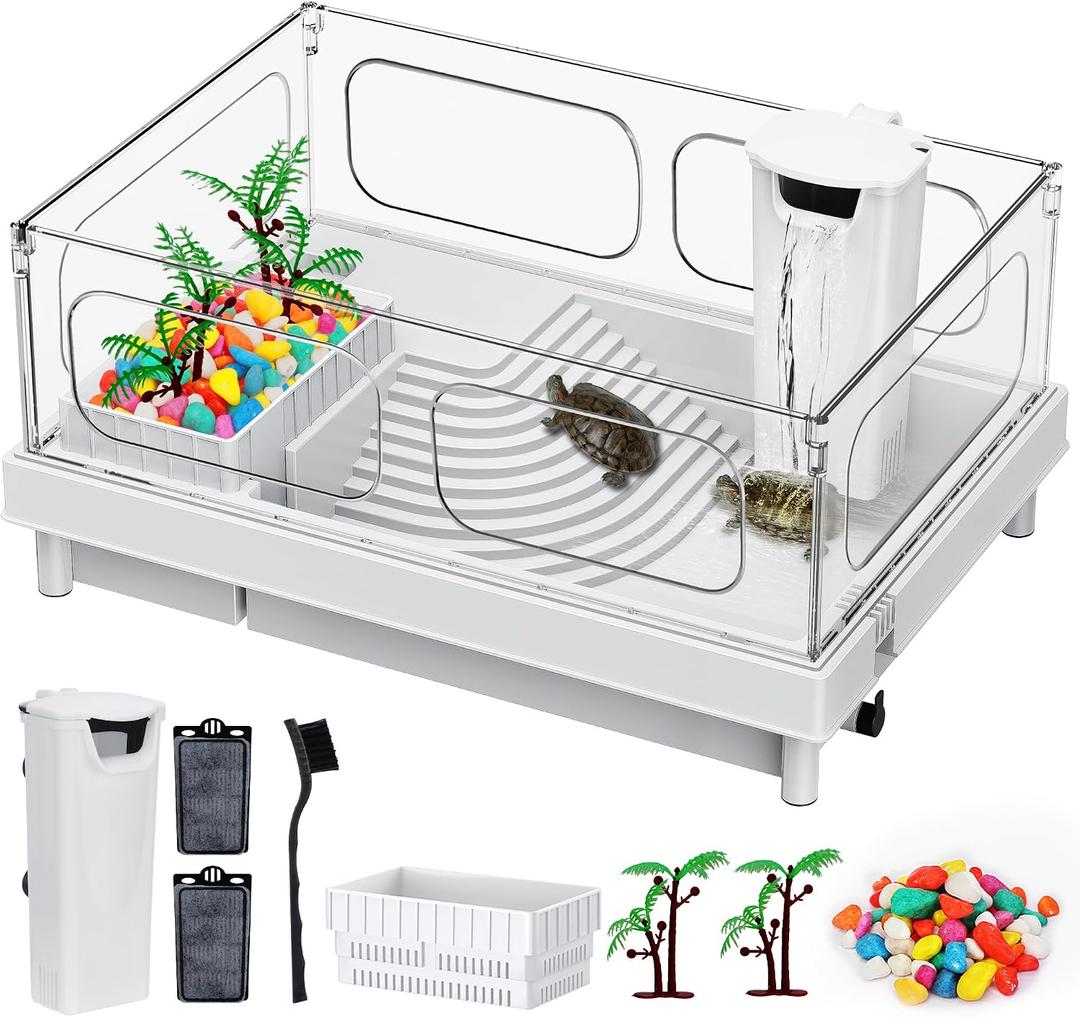 Turtle Tank Kit - Starter Aquarium with Filter, Brush, Easy to Install & Clean, for Turtles, Crabs, Small Reptiles