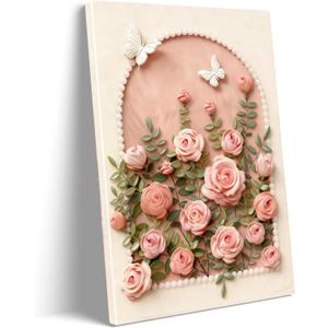Elegant Pink Rose Floral Canvas Wall Art Prints Romantic Flower Poster, 24"L x 16"W