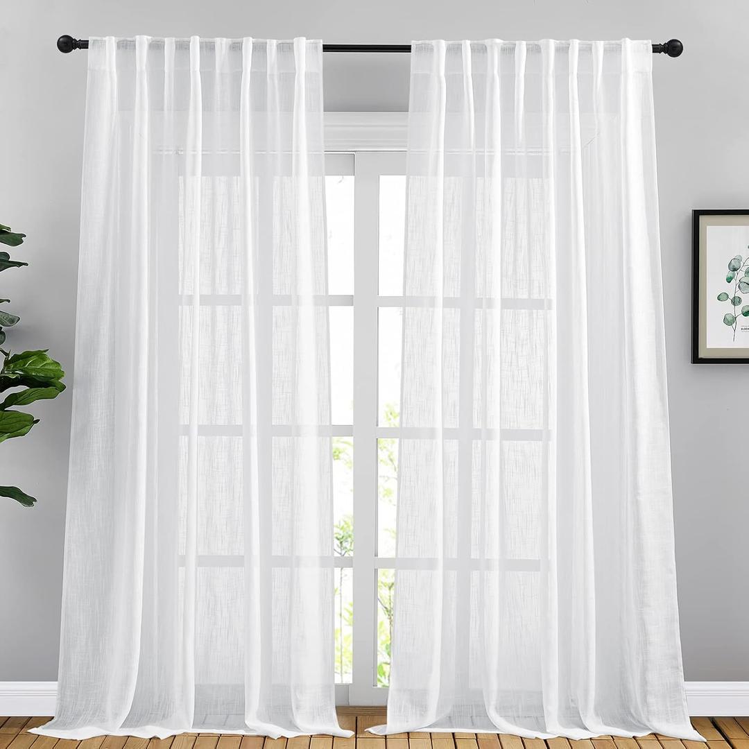 NICETOWN White Sheer 102 inch Curtains for Sliding Glass Door, Rod Pocket & Back Tab Linen Blend Semi Sheer Window Treatments Privacy with Light Filtering for Bedroom, W66 x L102, 2 Panels