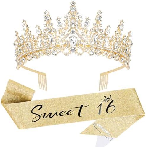 Casoty 16th Birthday Sash and Tiara for Girls, 16th Birthday Decorations Gifts for Girls, Gold Crown and Sweet 16" Sash Set with Pearl Pin