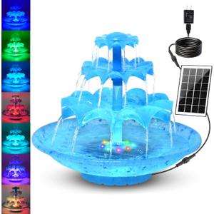 3.5W Solar Fountain Pump for Bird Bath, 3-Tier Blue Solar Water Pump with 8 LED Lights, 32.8FT Power Cord and Adapter Included, Dual-Powered for 24/7 Use for Garden, Pond, Pool, Fish Tank and Lawn