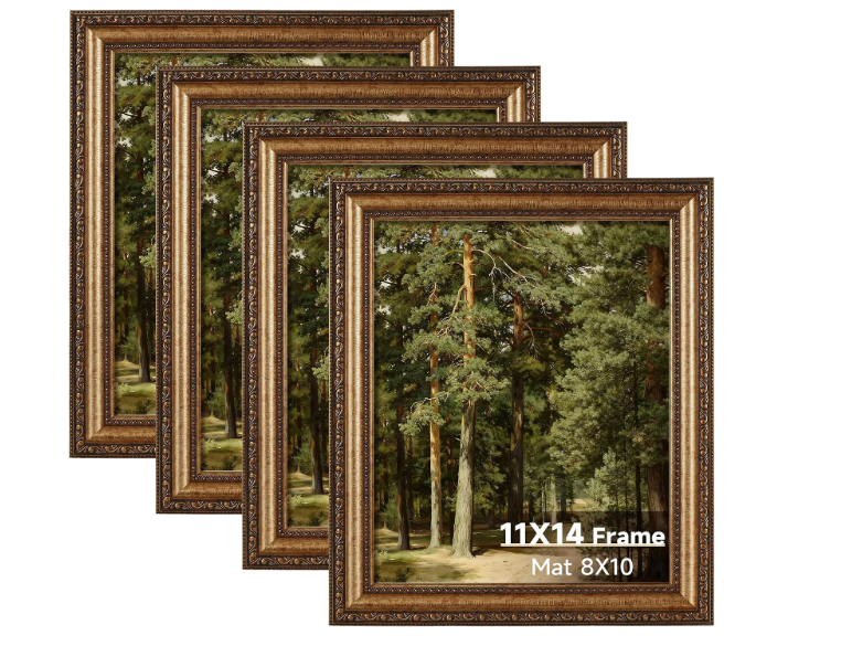 11x14 Gold Picture Frame Set of 4, Vintage Antique Picture Frames for Wall or Tabletop, 11 x 14 Ornate Bronze Photo Frame with Real Glass, Display 8x10 Poster with Mat or 11x14 without Mat, 4 Pack