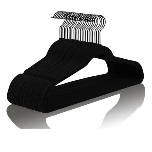 MIZGI Premium All Black Velvet Hangers with Black Hooks (30 Pack) Heavy Duty - Non Slip Felt Hangers - 360 Degree Swivel,Space Saving Clothes Hanger,Durable Strong Hanger for Suits,Coat