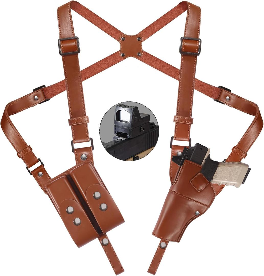 Shoulder Holster for Concealed Carry,Yigerlee Adjustable Vertical Gun Holster with Double Magazine Pouch,Made from Soft Microfiber Leather, Fits 1911, Glock 17/19, Beretta 92FS and More Pistol