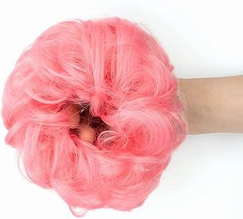 QTHQTFL 2pcs Messy Bun Hair Piece Scrunchie for Women Girls Elastic Rubber Band Curly Wavy Synthetic Hair Bun Extensions (Bright Pink)