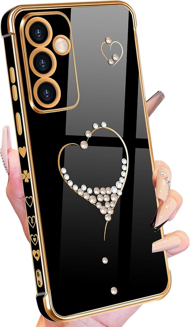 Petitian for Samsung Galaxy A54 5G Case, Bling Women Girls Designer Shiny Cute Girly Aesthetic Love Hearts Pattern Gold Plated Phone Cover for Galaxy A54 5G, 6.4'' Black