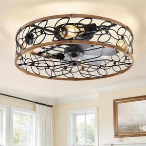 LEDIARY 23 Inch Caged Ceiling Fans with Lights, Farmhouse Flush Mount Ceiling Fan with Remote, Large Low Profile Ceiling Fan Light Fixture for Bedroom, Kitchen, Dining Room (Walnut)