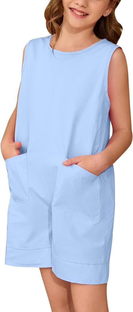Willow Dance Girls' Summer Casual Rompers Sleeveless Loose Onesie Shorts Overall Jumpsuit with Pockets Beach Outfits