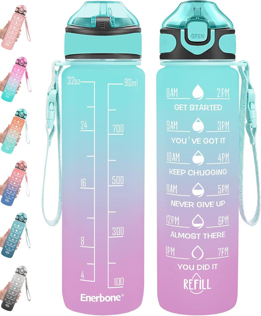 Enerbone 32 oz Drinking Water Bottle with Times to Drink and Straw, Motivational with Carrying Strap, Leakproof BPA & Toxic Free, Ensure You Drink Enough Water for Fitness Gym Outdoor (Green-Purple)
