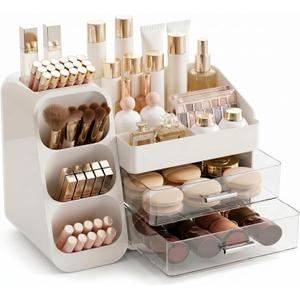 Makeup Organizer with Drawers, Large Cosmetic Display Cases for Skincare Organizers, Bathroom Organizers and Storage Countertop, Easy To Storage Skincare, Brushes, Lotions, Lipstick (White)